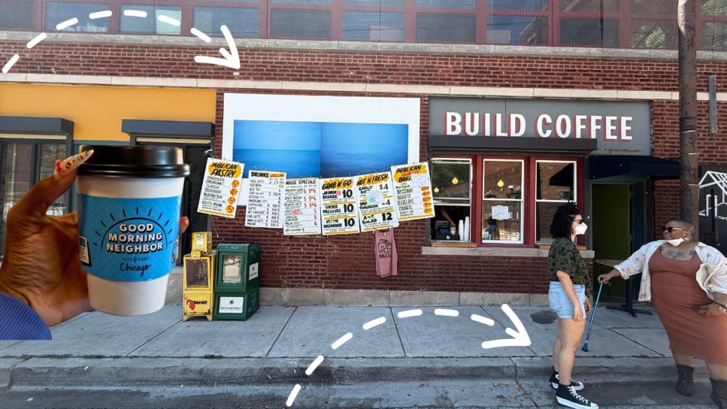 hand holding a coffee cup reading "good morning neighbor" with arrows pointing to building and two people standing in corner