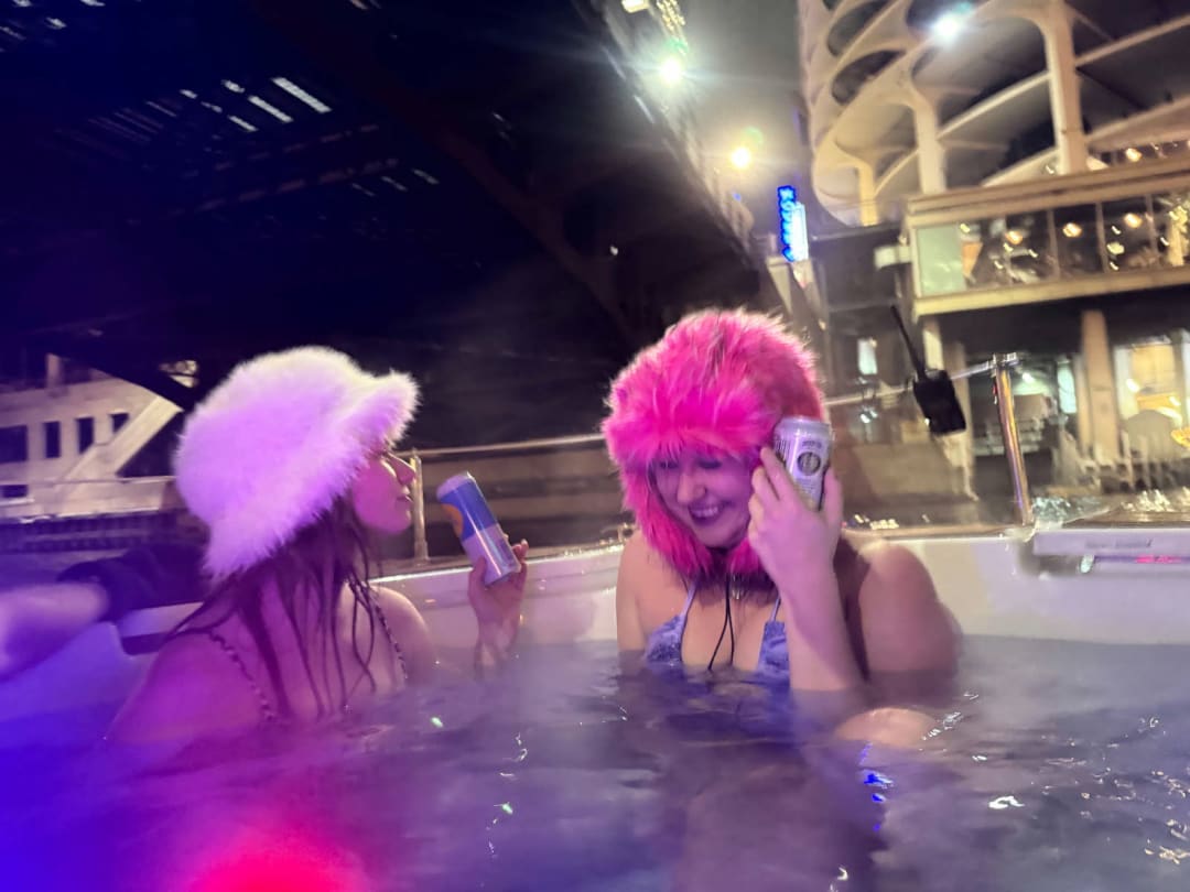 Emmi Mack and Nicole in hot tub boat