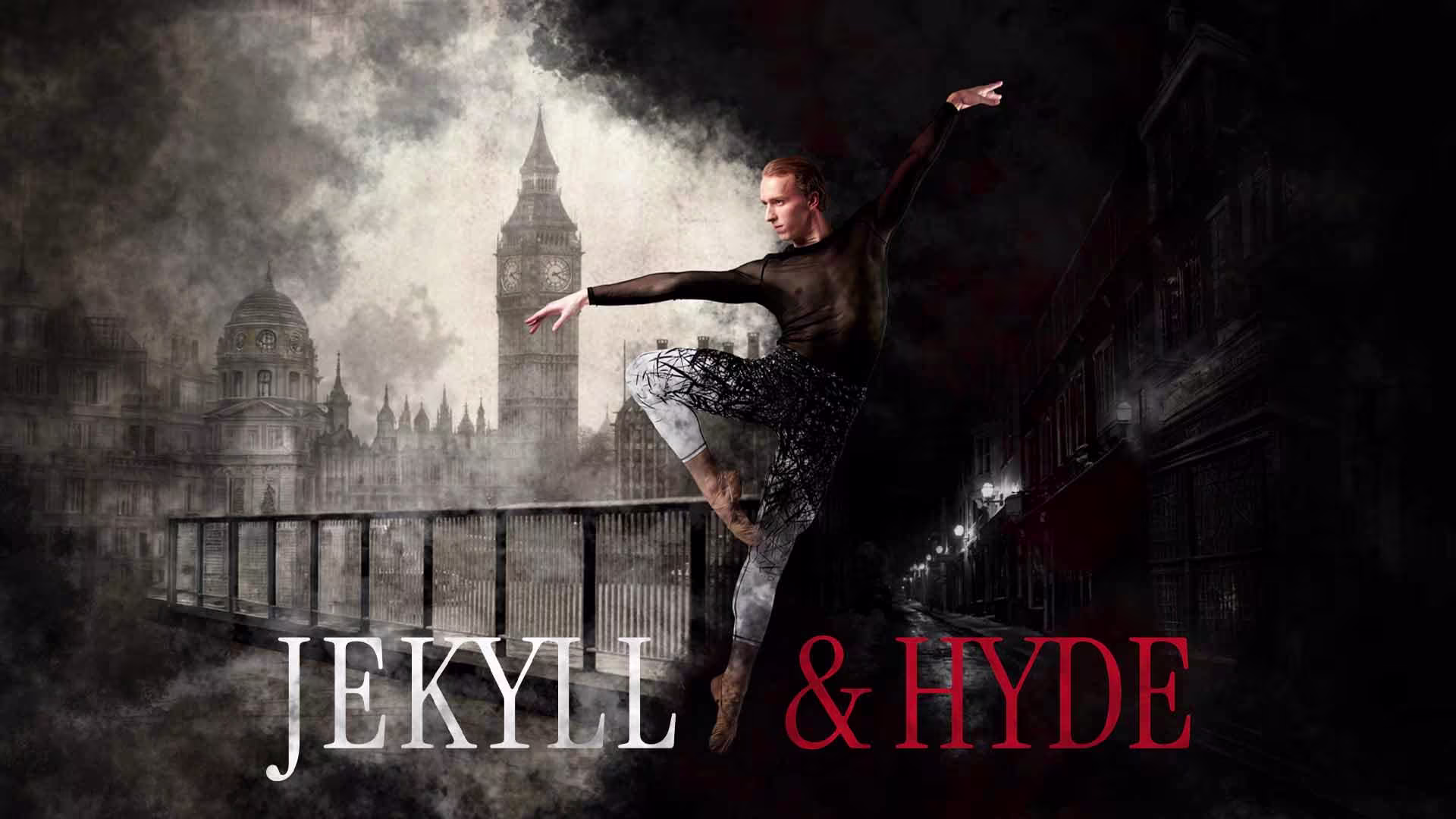 A poster for "Jeckyll & Hyde" - a ballet dancer in black leaps in front of a foggy, London background.