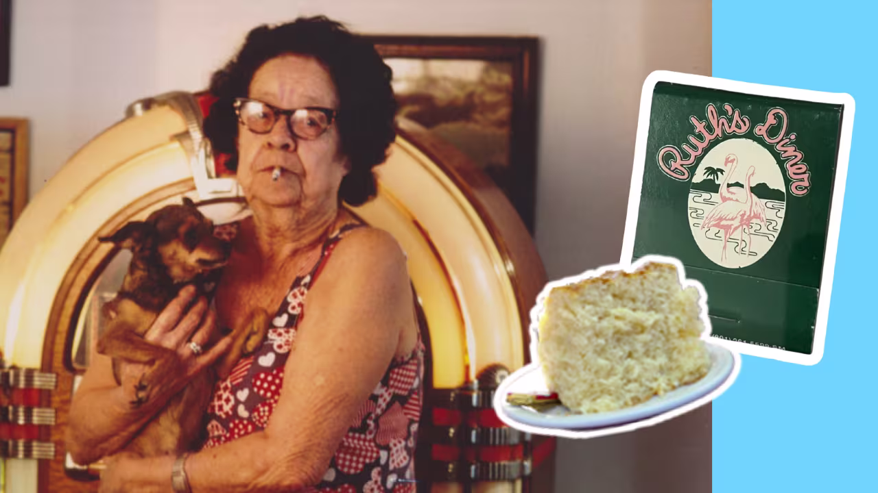 Ruth with one of her infamous chihuahuas, a mile-high biscuit, and a matchbook from this author’s own collection and a plea to bring them back.