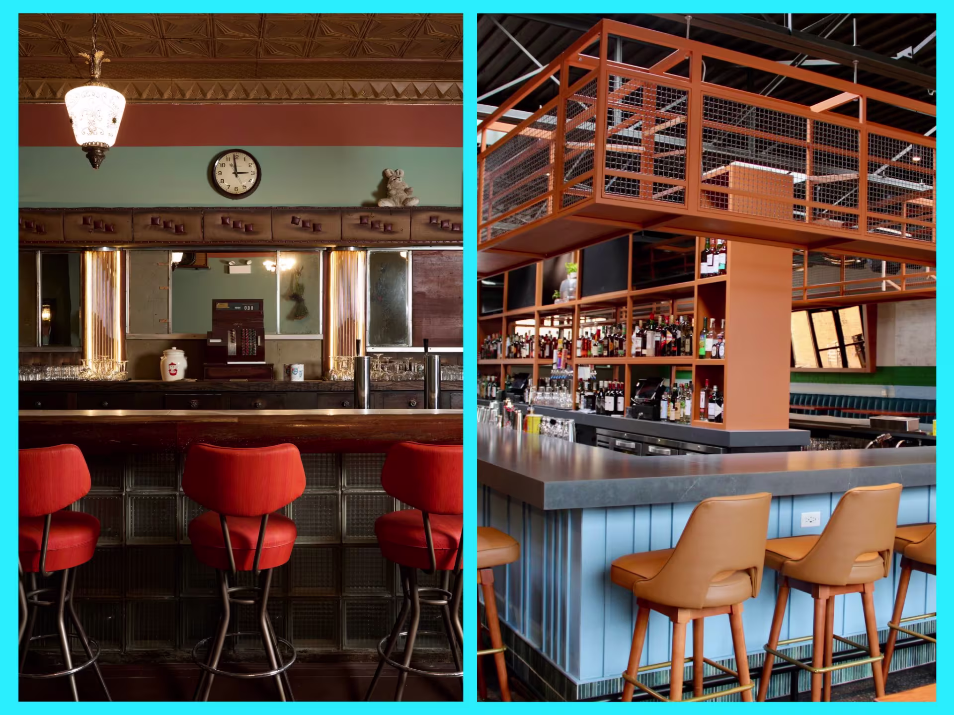 Vertical diptych presentation of two bars, left photo with an older style interior design, and right with a more modern interior