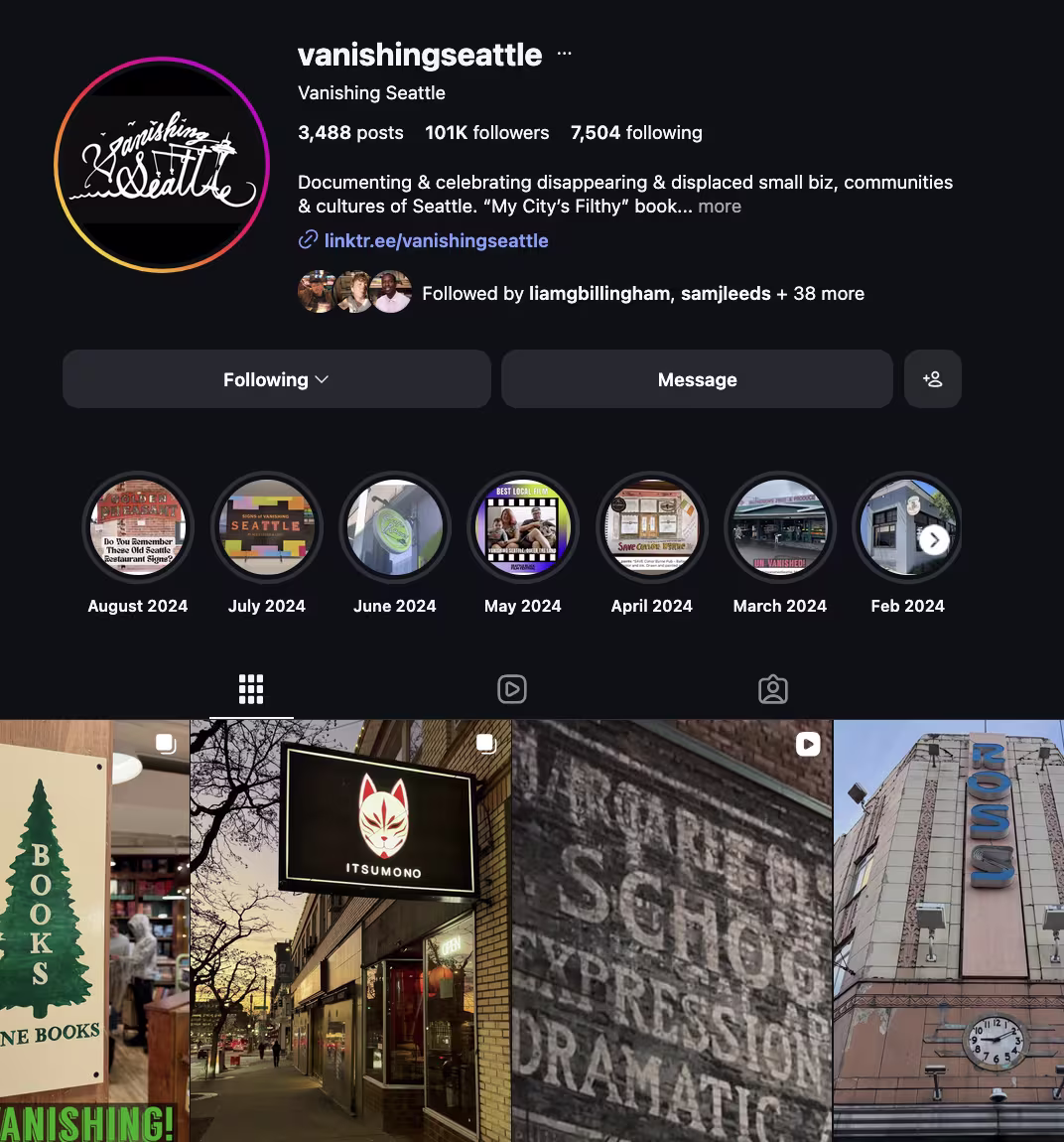 A screenshot of the Vanishing Seattle Instagram homepage