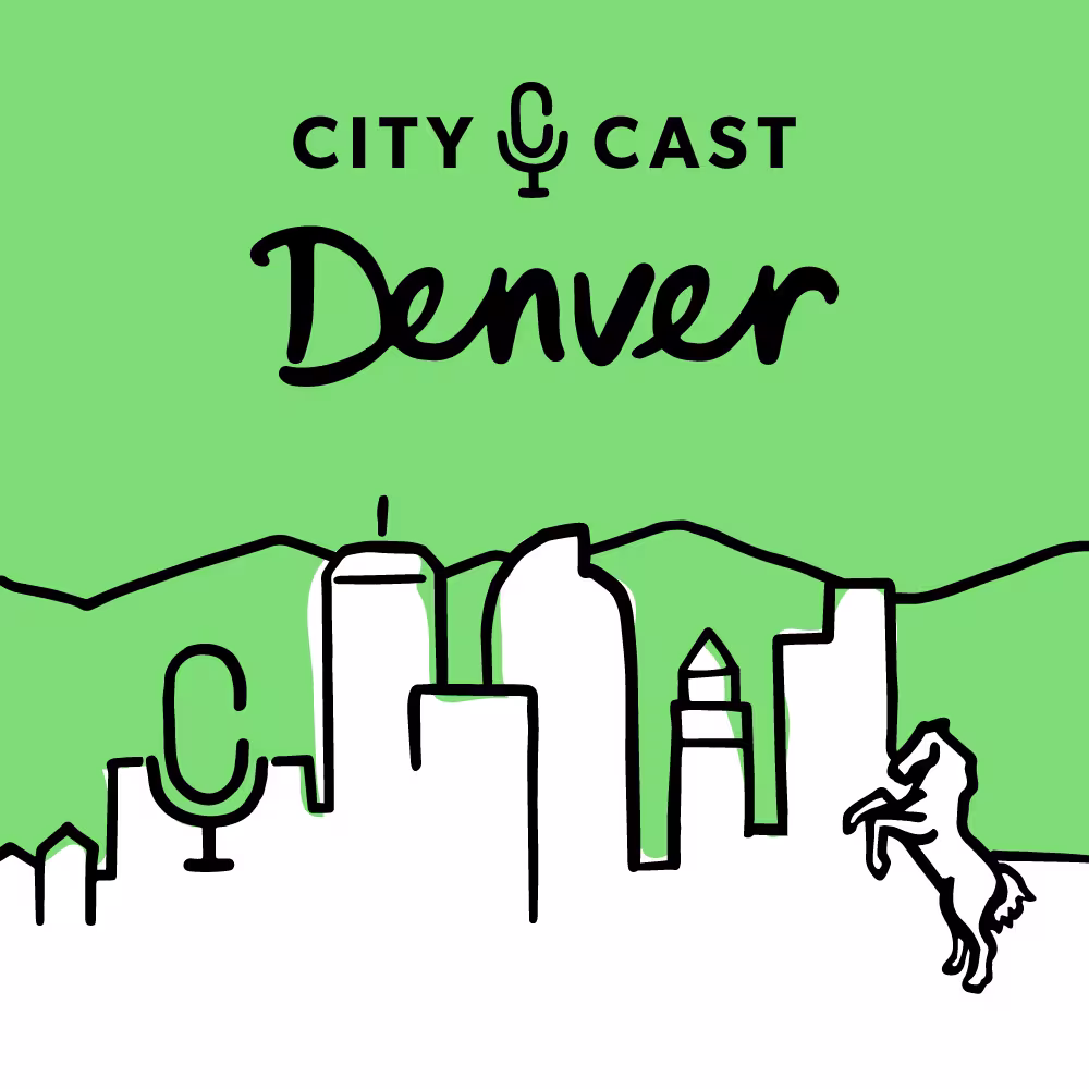 Illustrated Denver skyline on green background with mountains and a rearing horse. Text reads "City Cast Denver" with a microphone icon.