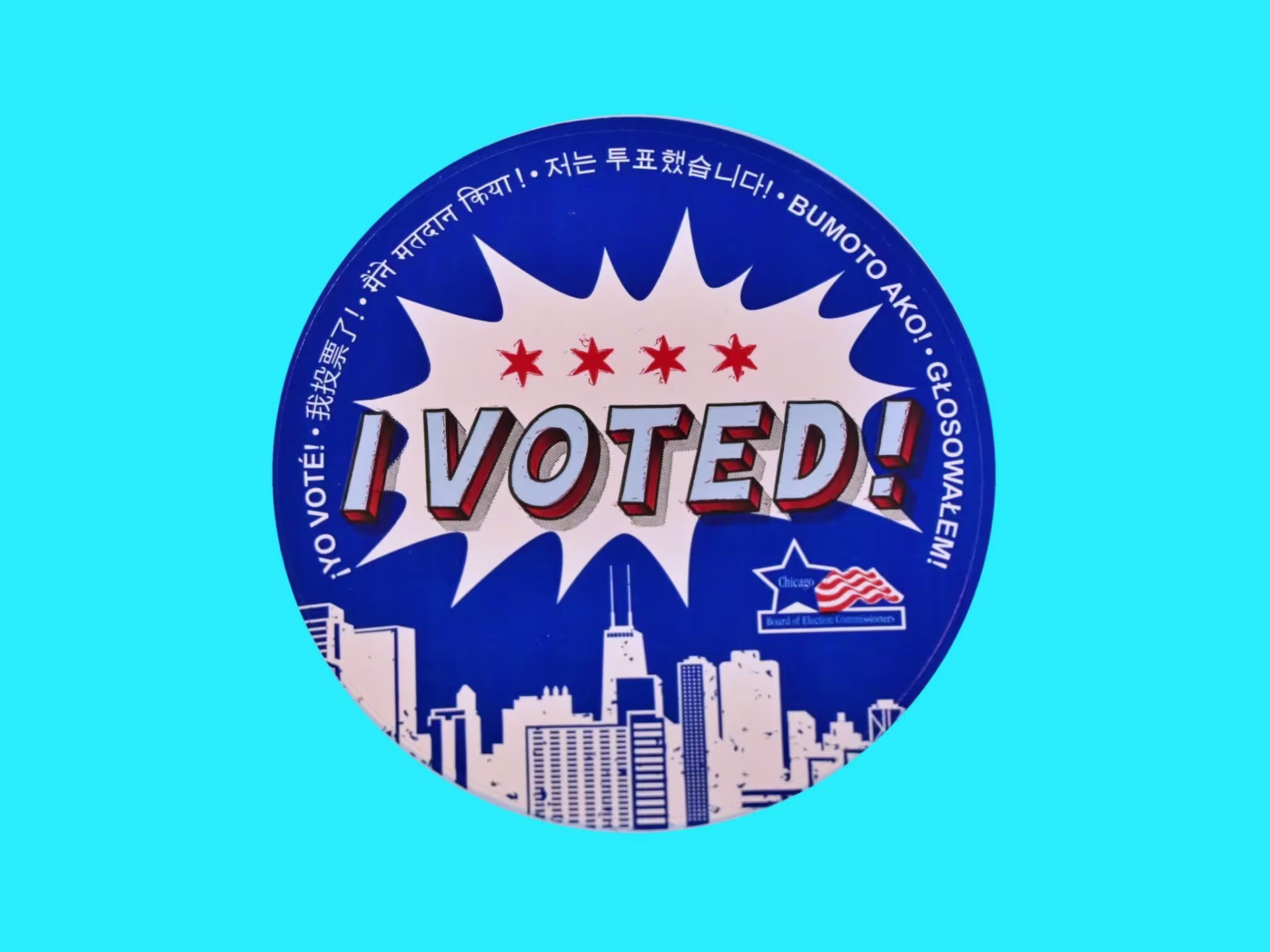A sticker that reads "I Voted!" over an illustration of the Chicago skyline. The sticker is edited onto a blue background.