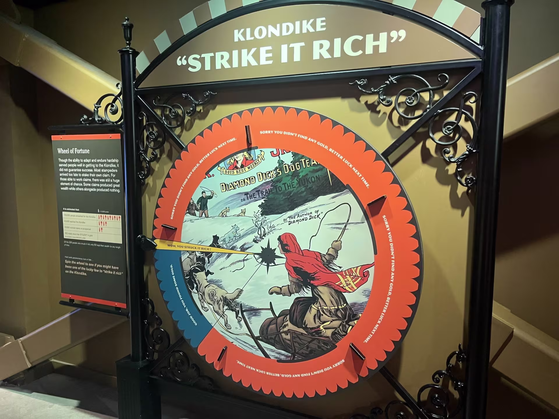 A display with a snow dogs pulling a sled. It is titled Klondike "strike it rich"