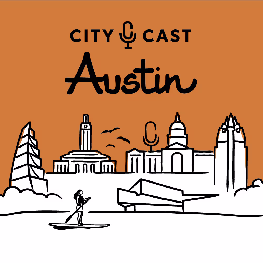 Orange background with stylized black-and-white skyline of Austin with paddleboarding figure in the forefront. "City Cast Austin" text features a microphone icon.
