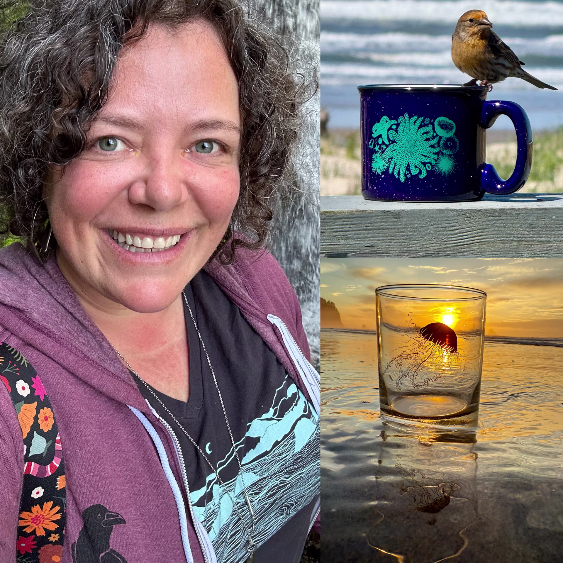 Oregon artist Seasons Sparks; two photos of her mugs, one with a jellyfish and one with sea life and a bird perched on top.
