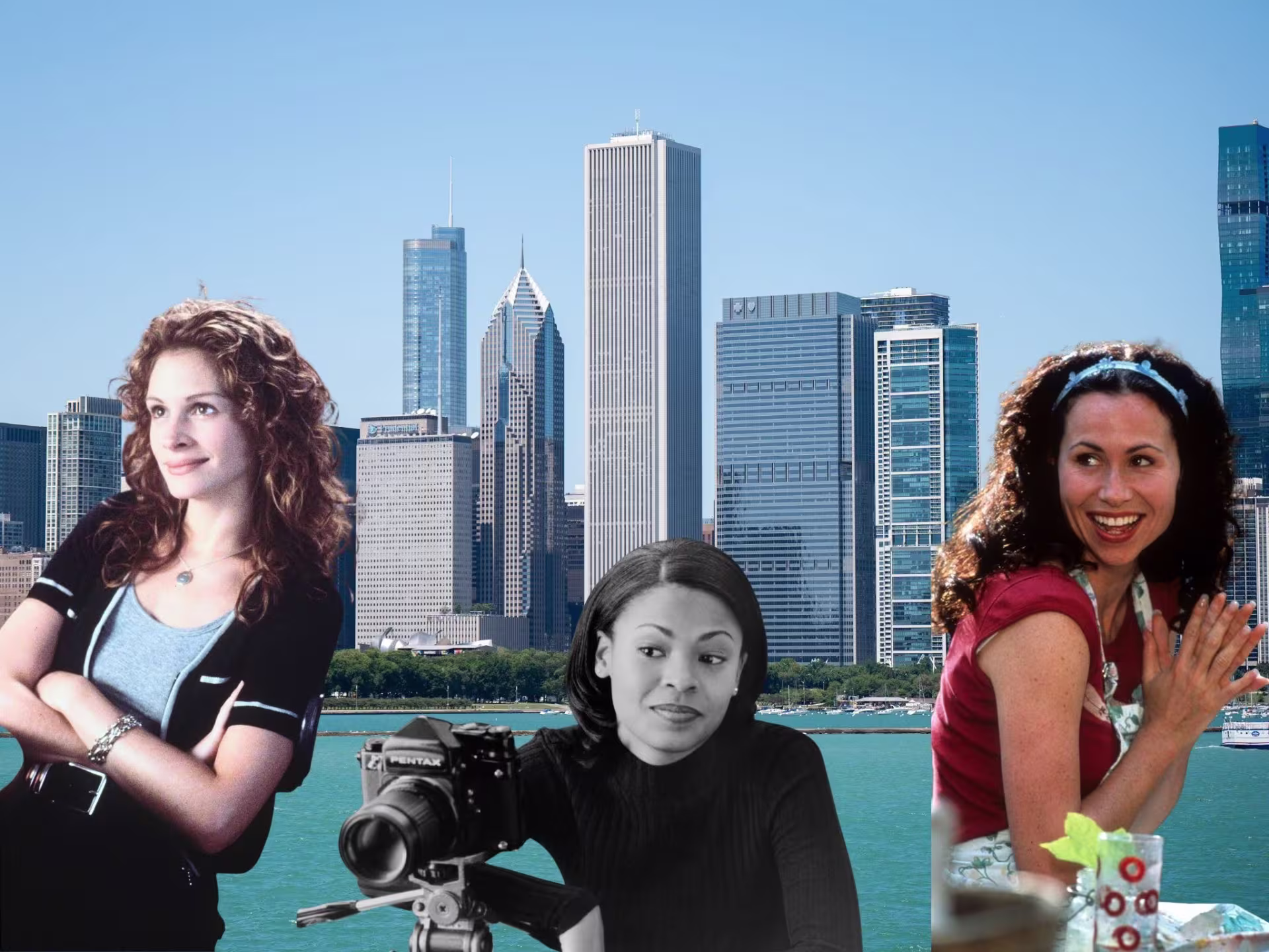 Julia Roberts, Nia Long, and Minnie Driver over the Chicago skyline.