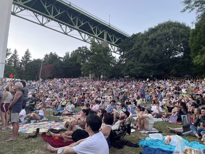 A large crowd of people gathered on a lawn under a bridge on a clear sunny day.