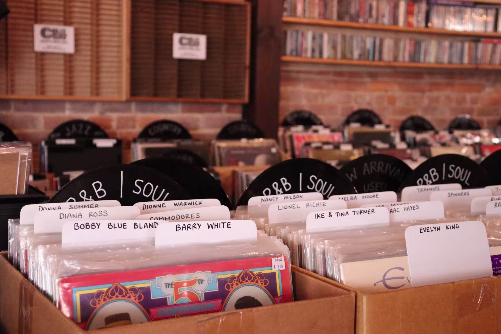 The R&B / Soul section in a vinyl record store. Artist names like Barry White and Diana Ross are visible on white tabs separating the records. The back wall is brick and has more shelves with records and other media.