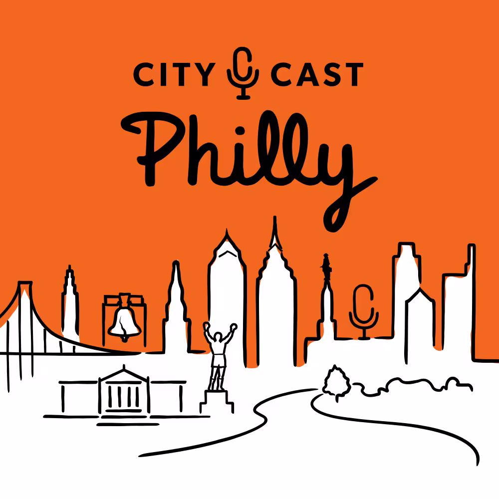 Orange background with a black line drawing of the Philadelphia skyline, including landmarks like the Liberty Bell and Rocky statue. Text reads "City Cast Philly."