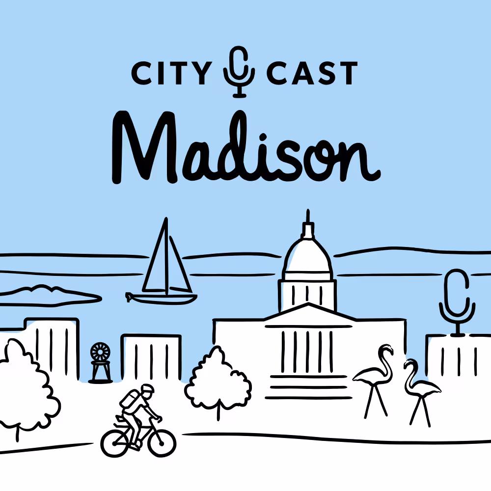 Illustration of Madison skyline on a blue background featuring a cyclist, Capitol building, sailboat, flamingos, and "City Cast Madison" text with microphone icons.