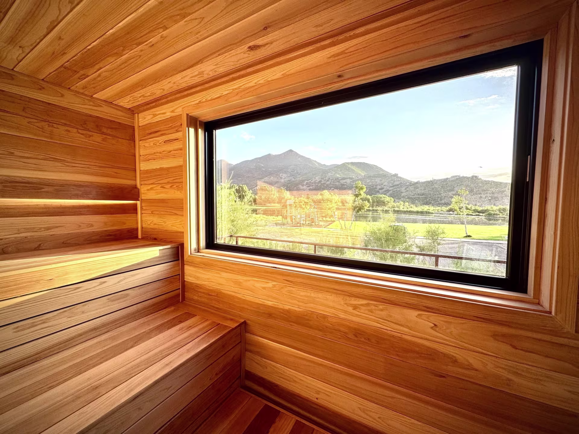 Sauna with a window looking out on Wasatch Mountain State Park.