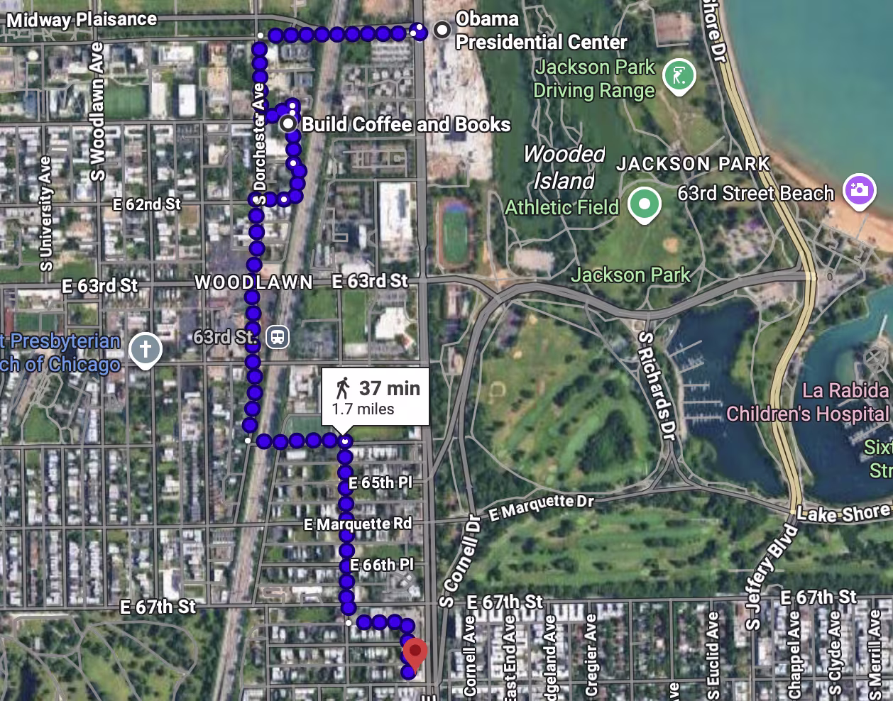 map of Woodlawn with blue dotted route highlighted