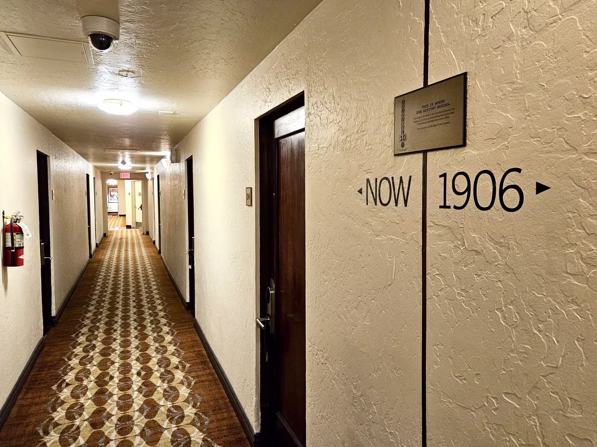 A hotel hallway. 