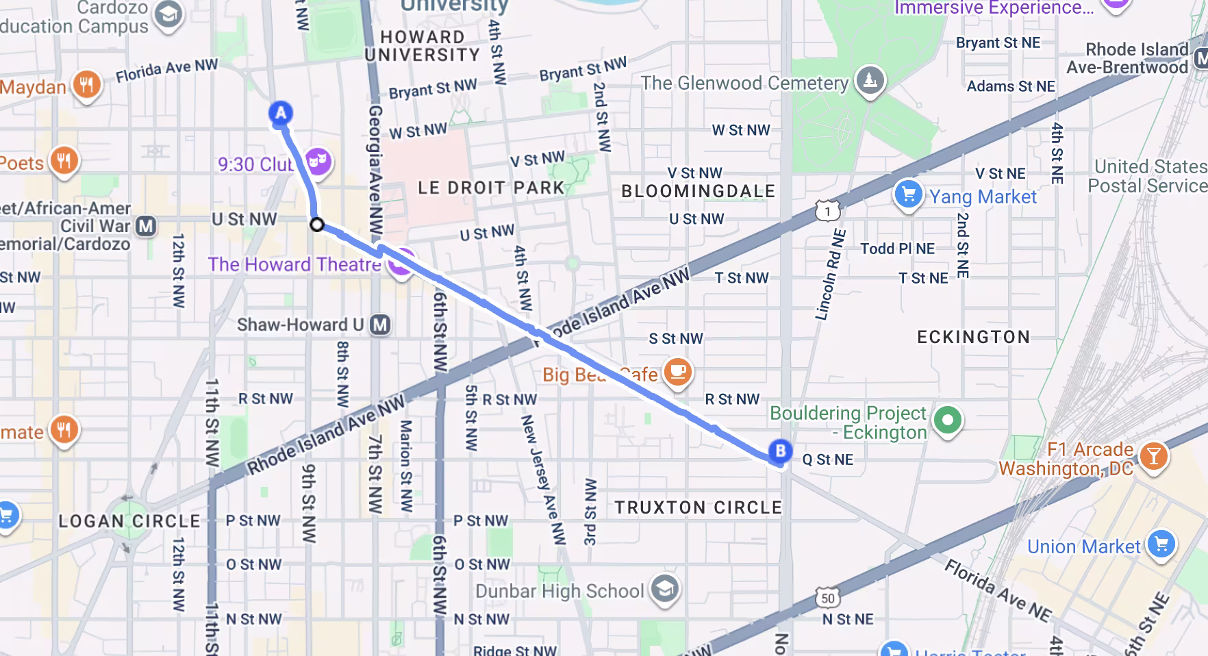 Map of my one mile walk on Florida Avenue NW. (Google Maps)