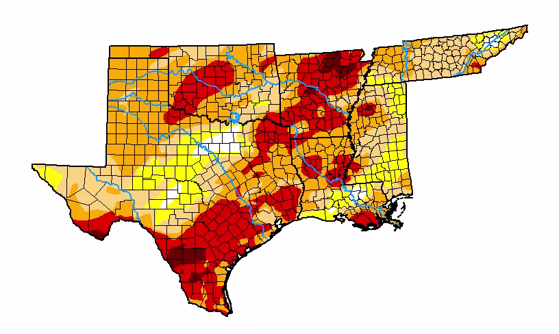 A drought map of Texas, Oklahoma, Arkansas, Louisiana, Tennessee, and Mississippi.