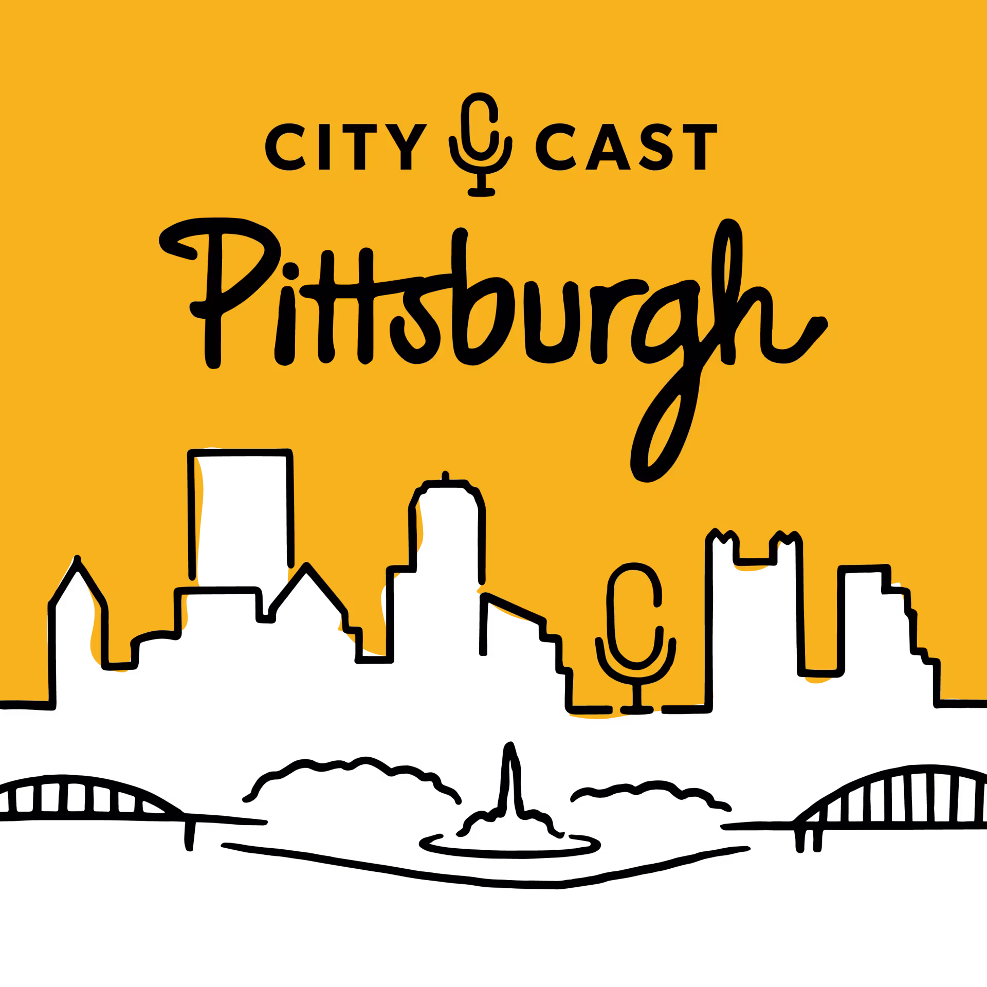 Yellow background with the black silhouette of Pittsburgh's skyline. The text "City Cast Pittsburgh" includes a microphone icon