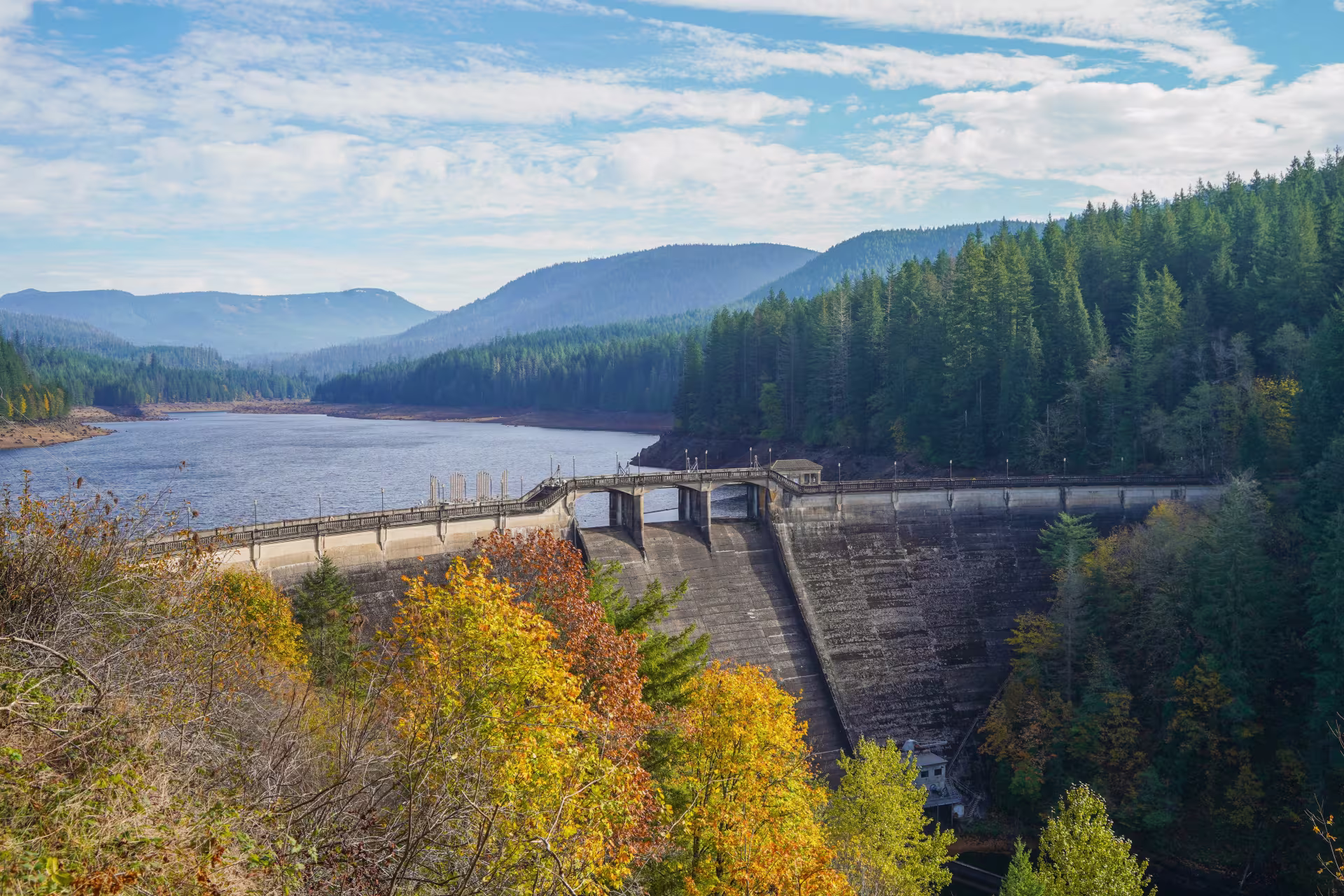 a reservoir amid scenic forest and mountains in background