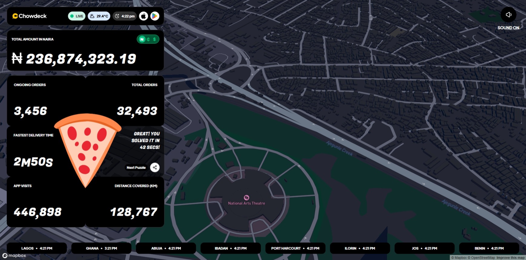 BFCM site in dark mode — showing the puzzle game and metrics panel