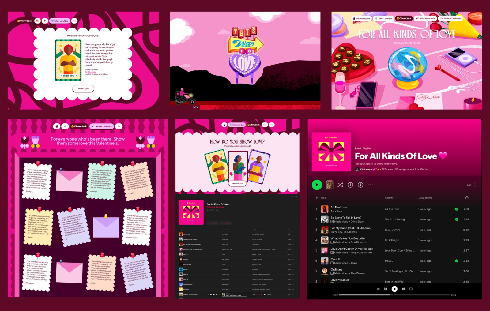 Screens from the Valentine's campaign: the love wall, personality quiz, and the "For All Kinds of Love" playlist