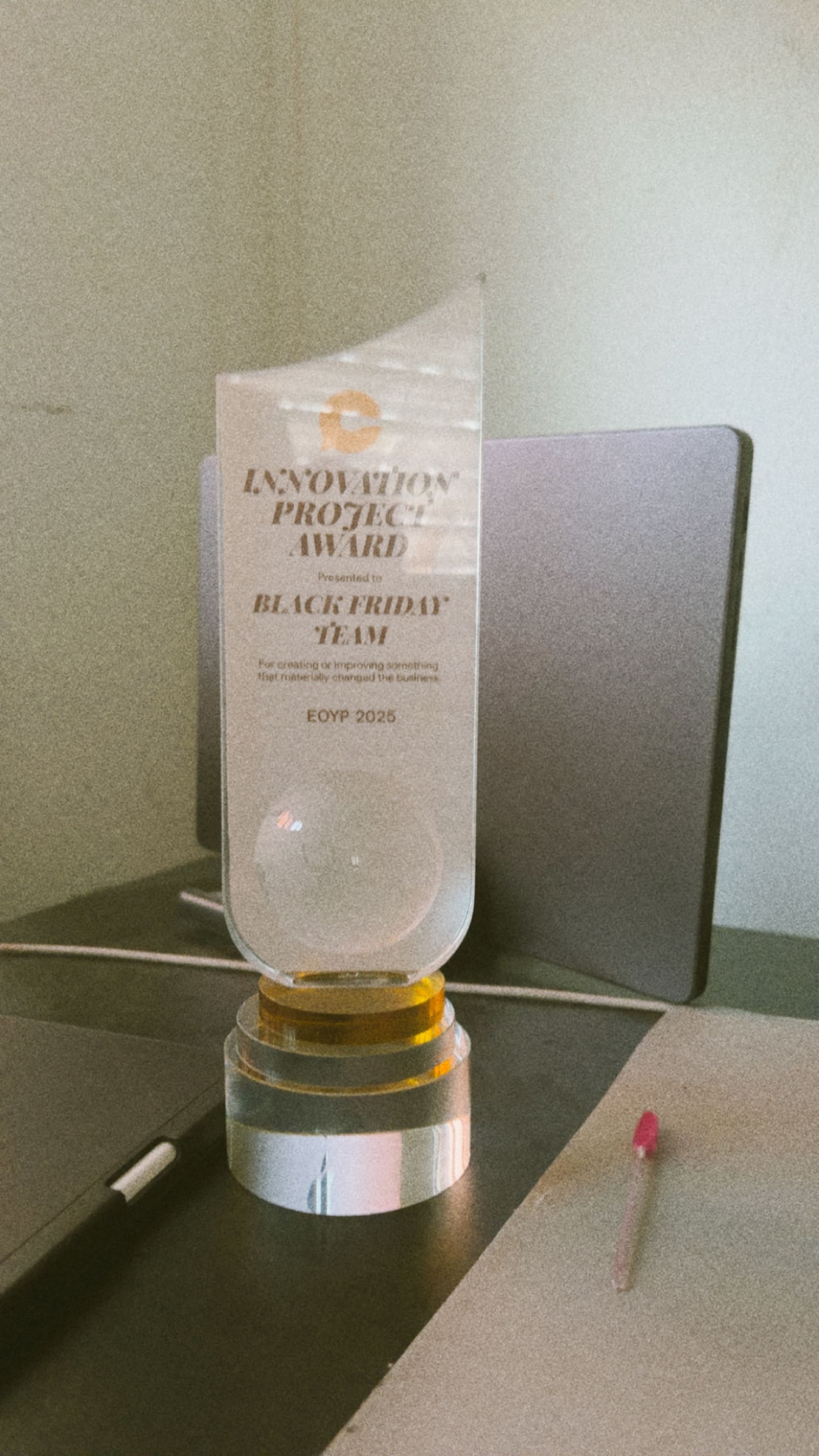 The Innovation Project Award, presented to the Black Friday team at the EOYP
