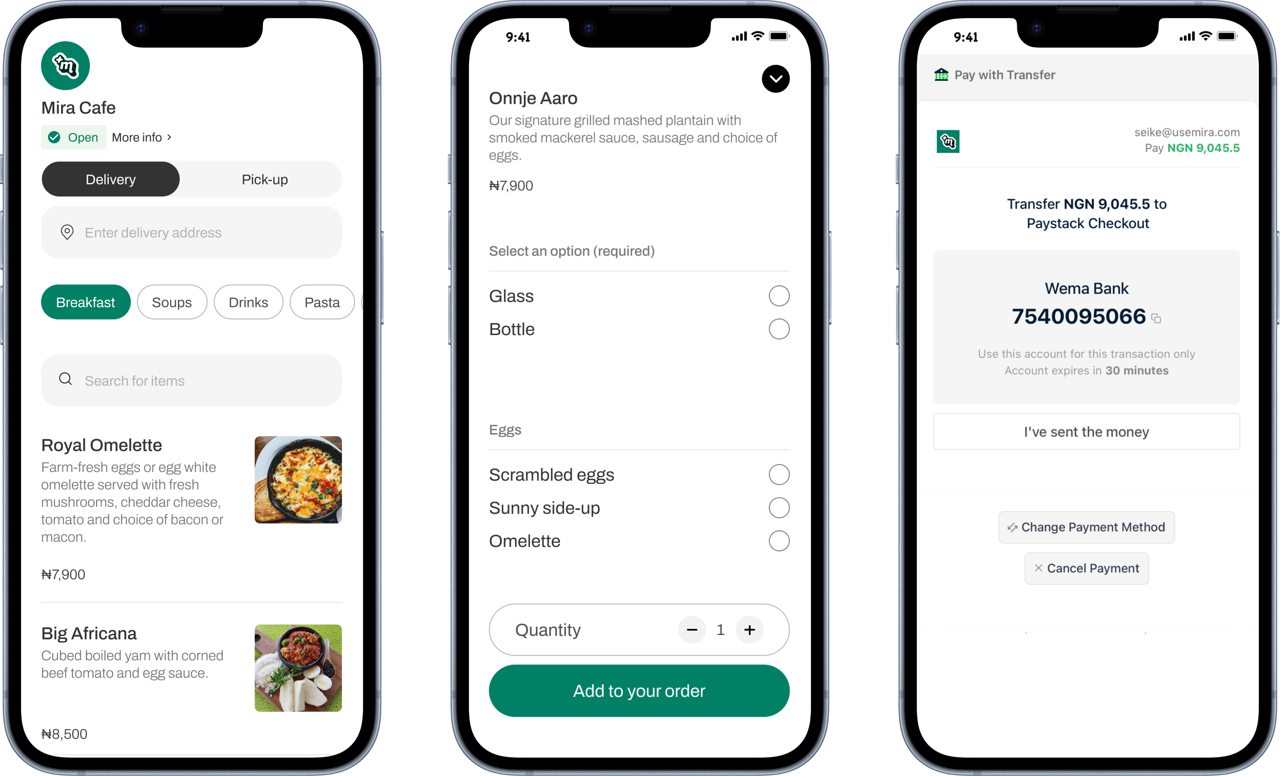Mira online ordering — customer-facing menu and checkout experience