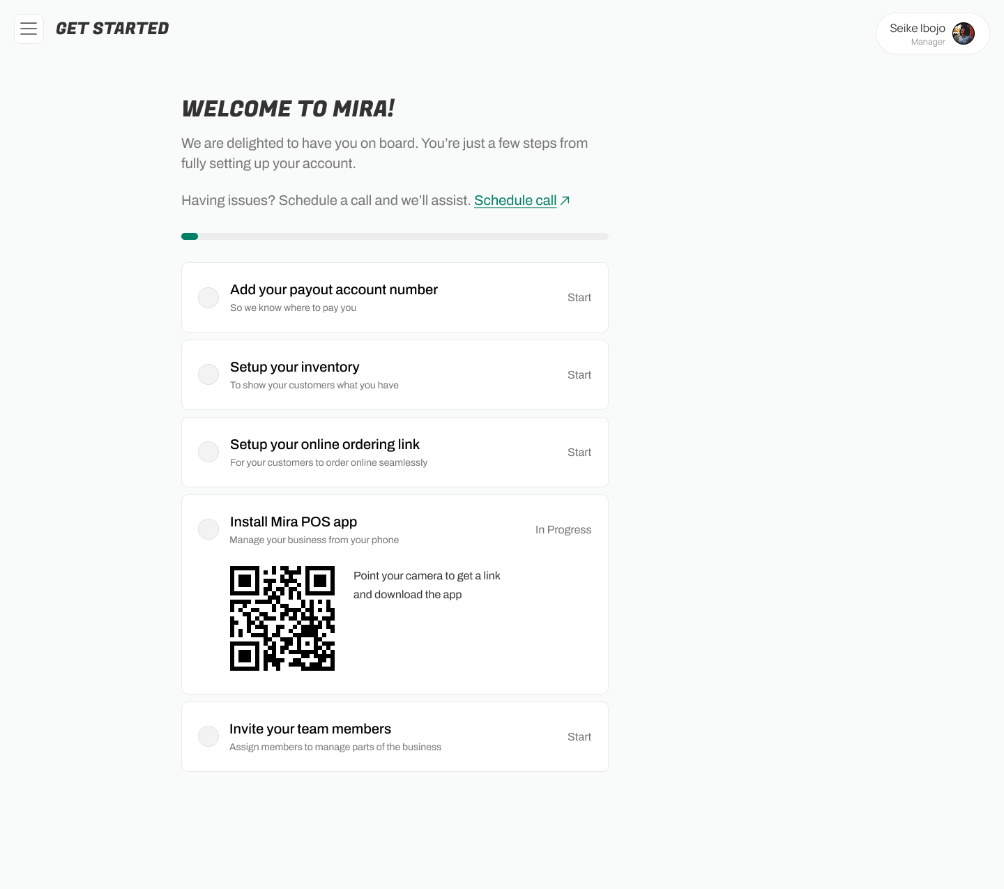 Mira restaurant onboarding and setup flow
