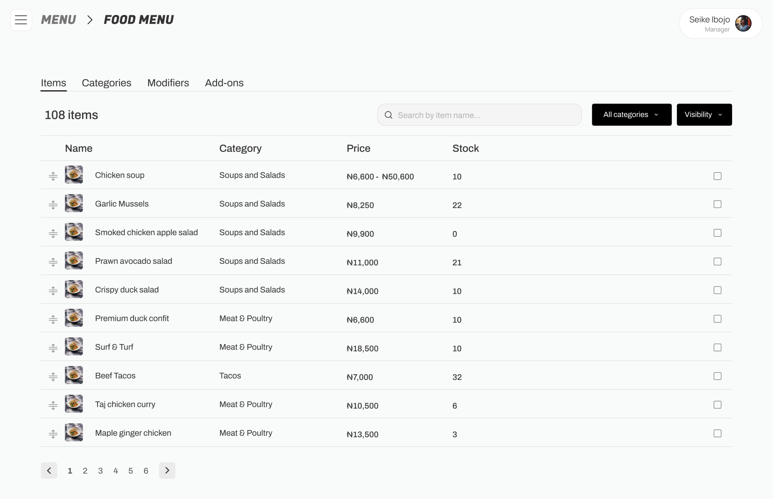 Mira menu management interface