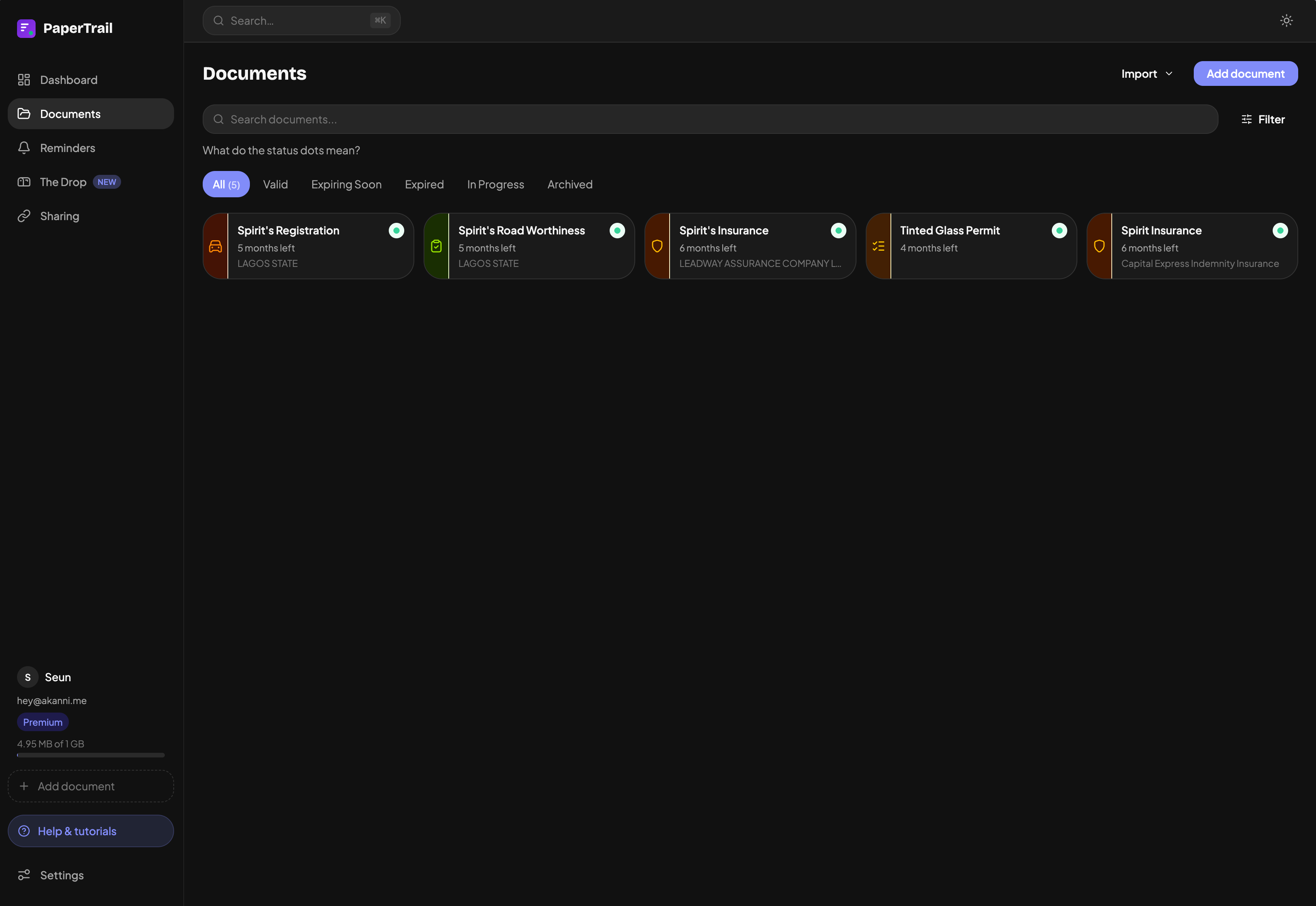 Papertrail documents list — status dots, tabs for Valid, Expiring Soon, Expired, Archived