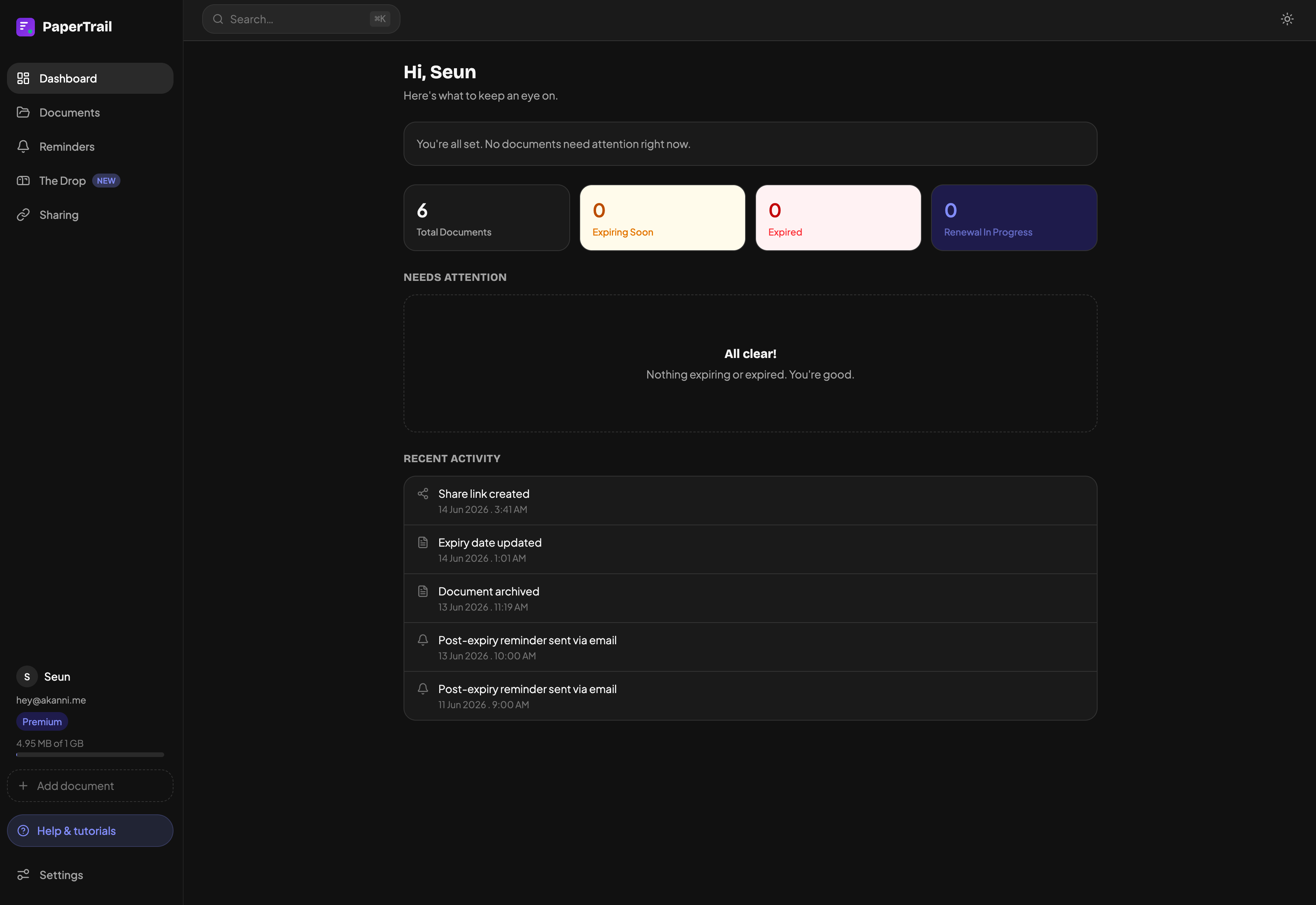 Papertrail dashboard — document summary and recent activity feed