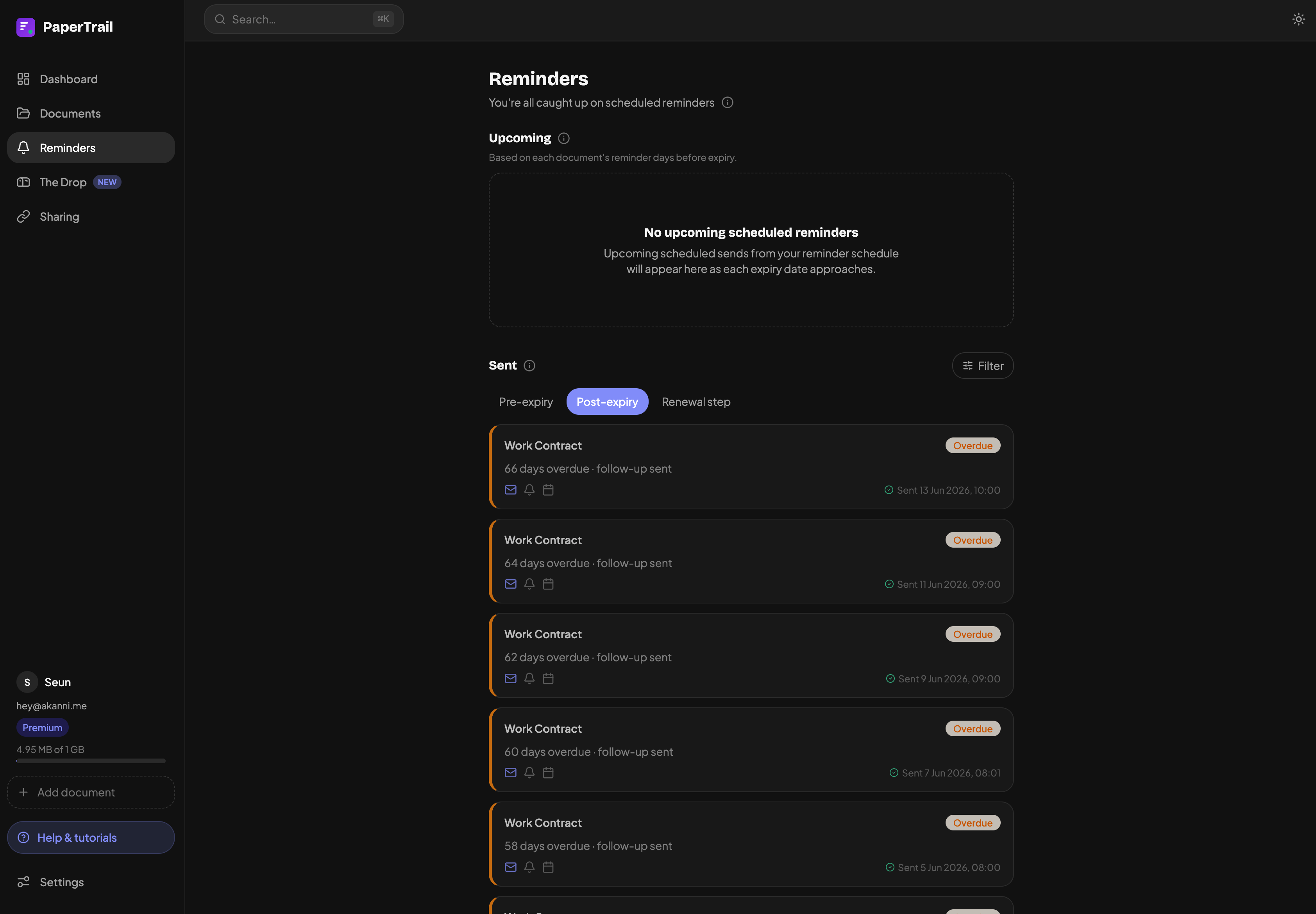 Papertrail reminders — post-expiry follow-up email cadence
