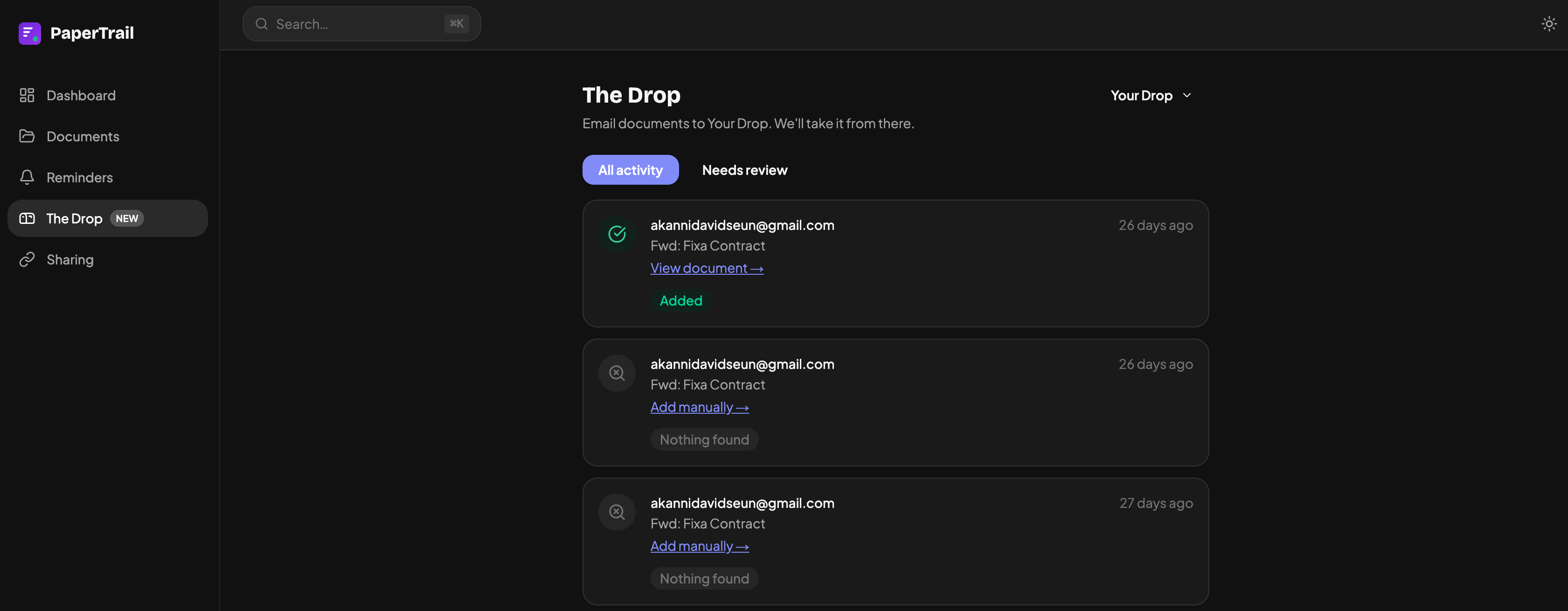 The Drop — email forwarding feature that auto-detects documents from forwarded emails