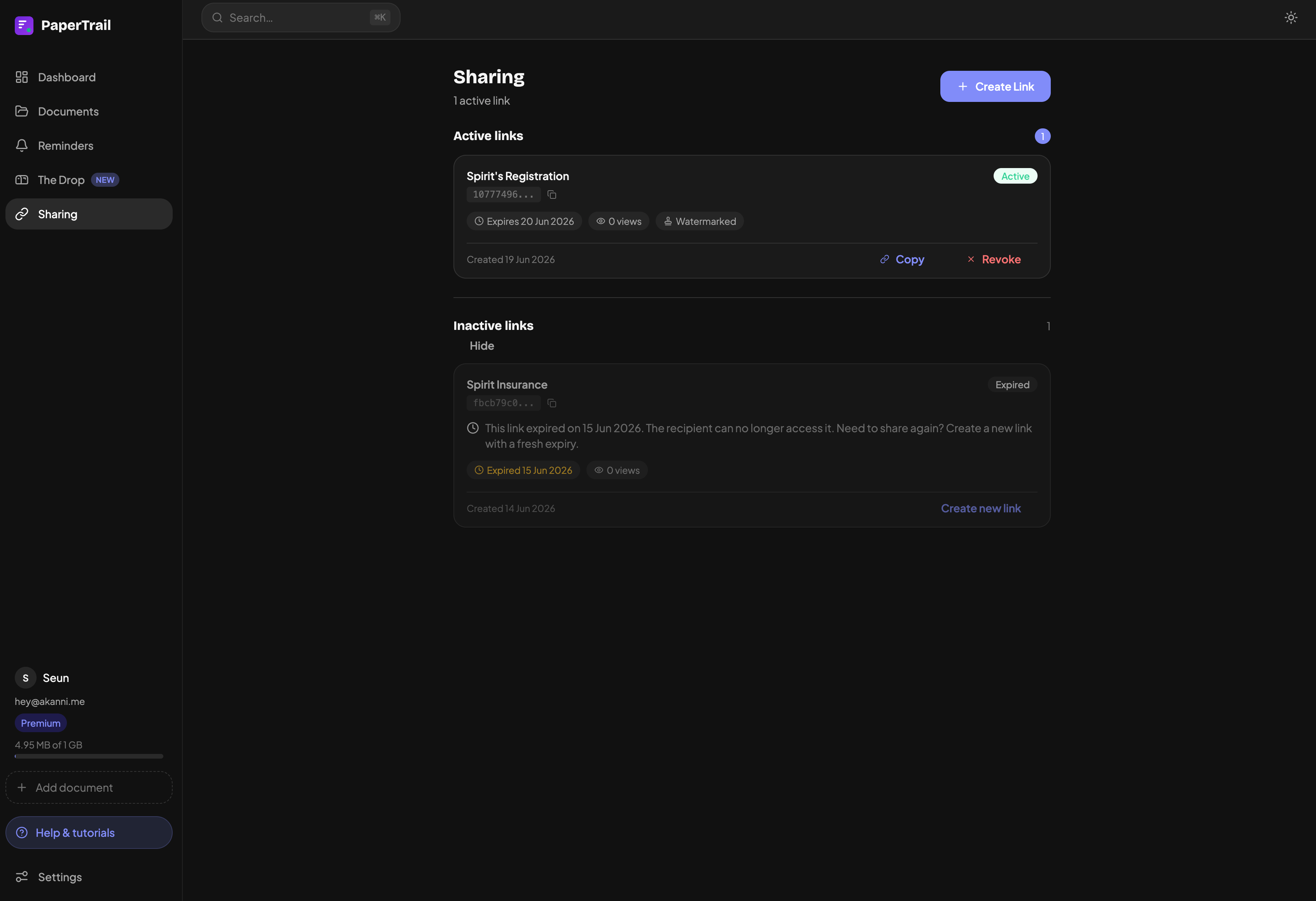 Papertrail sharing — active and expired links with watermark and revoke controls