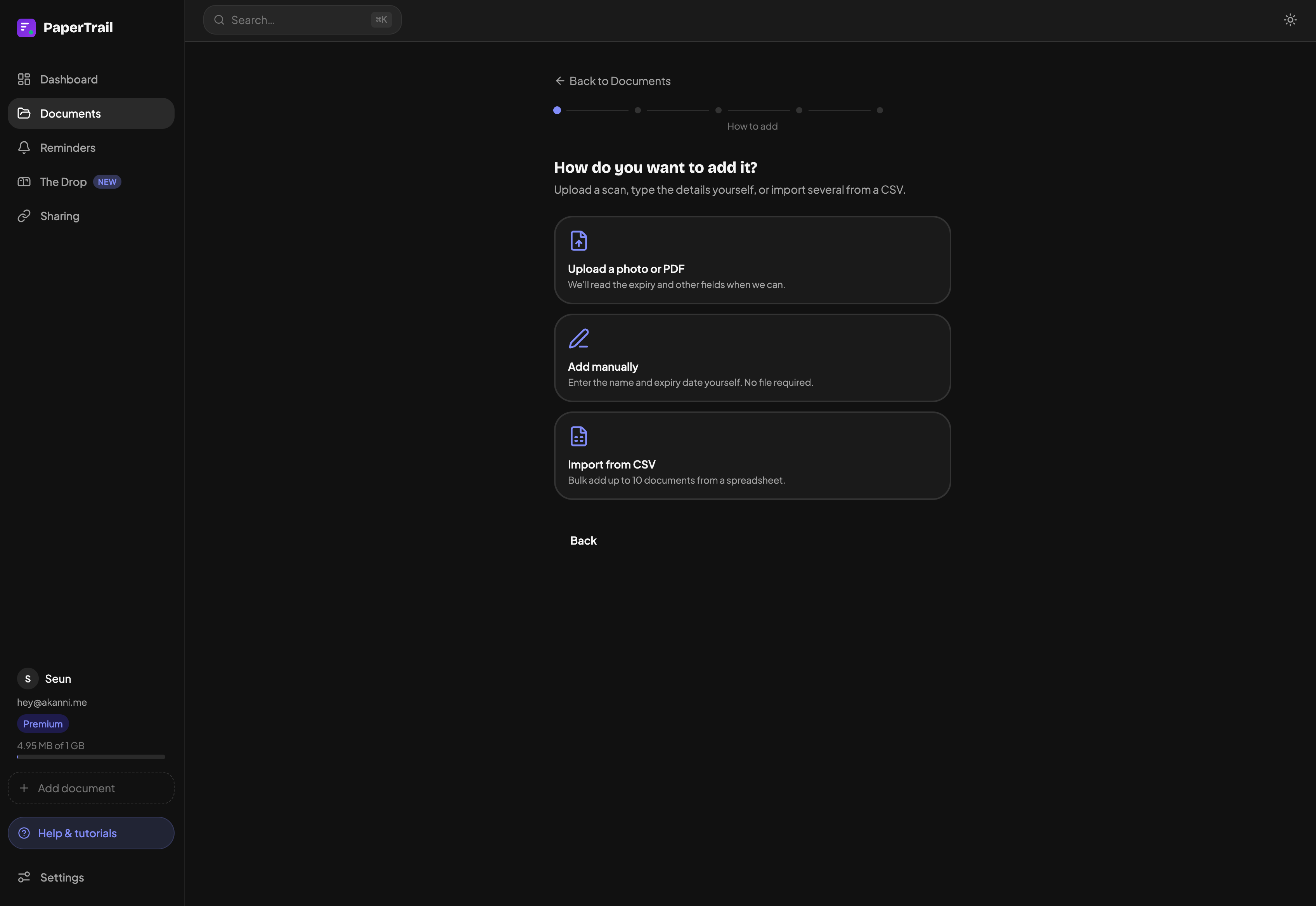 Add document flow — upload photo or PDF, add manually, or import from CSV