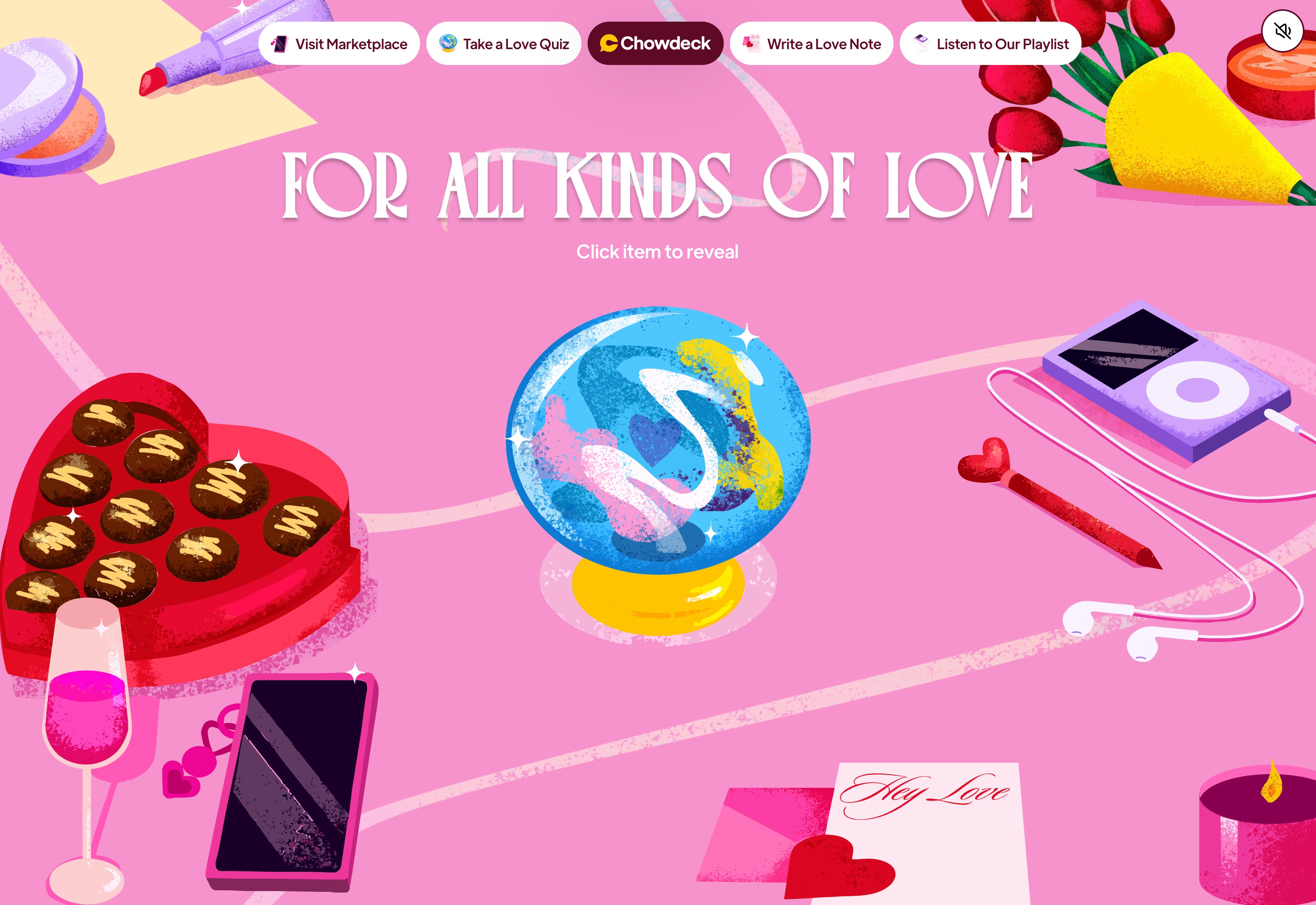 Chowdeck Love HQ 2026 — interactive landing scene with four hotspots