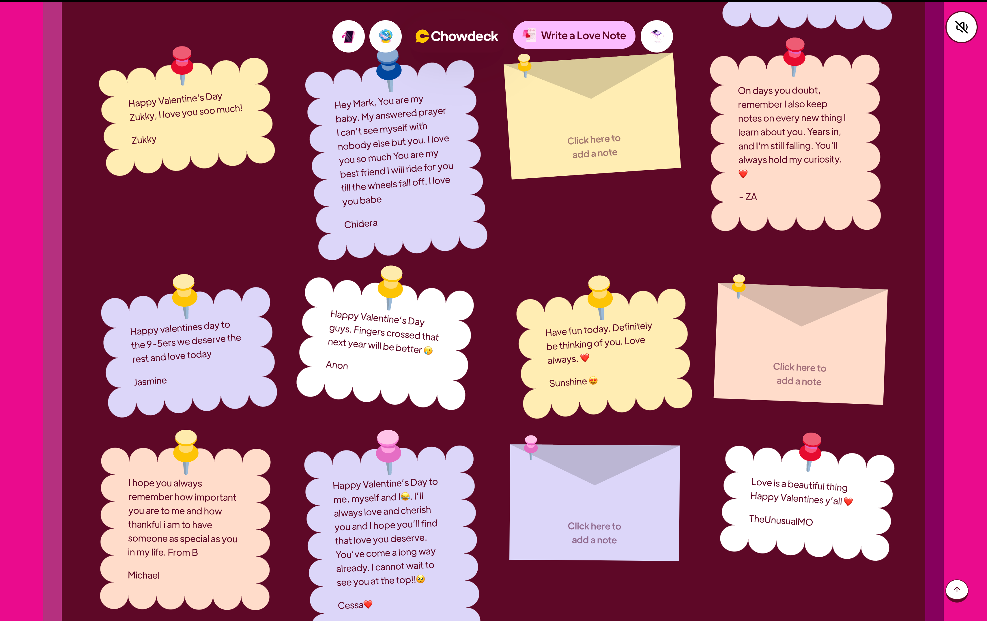 Real notes posted on the Chowdeck Valentine's love wall