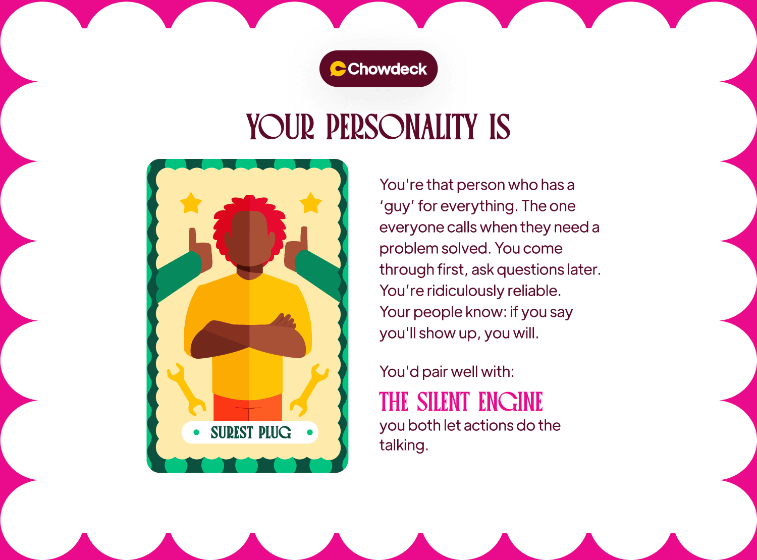 My Chowdeck Valentine's personality result: Surest Plug