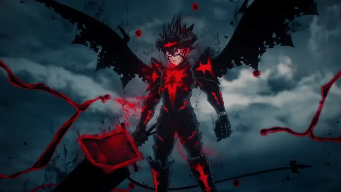 Asta com armadura preta e vermelha, chifres e asas demoníacas em cena do anime Black Clover.