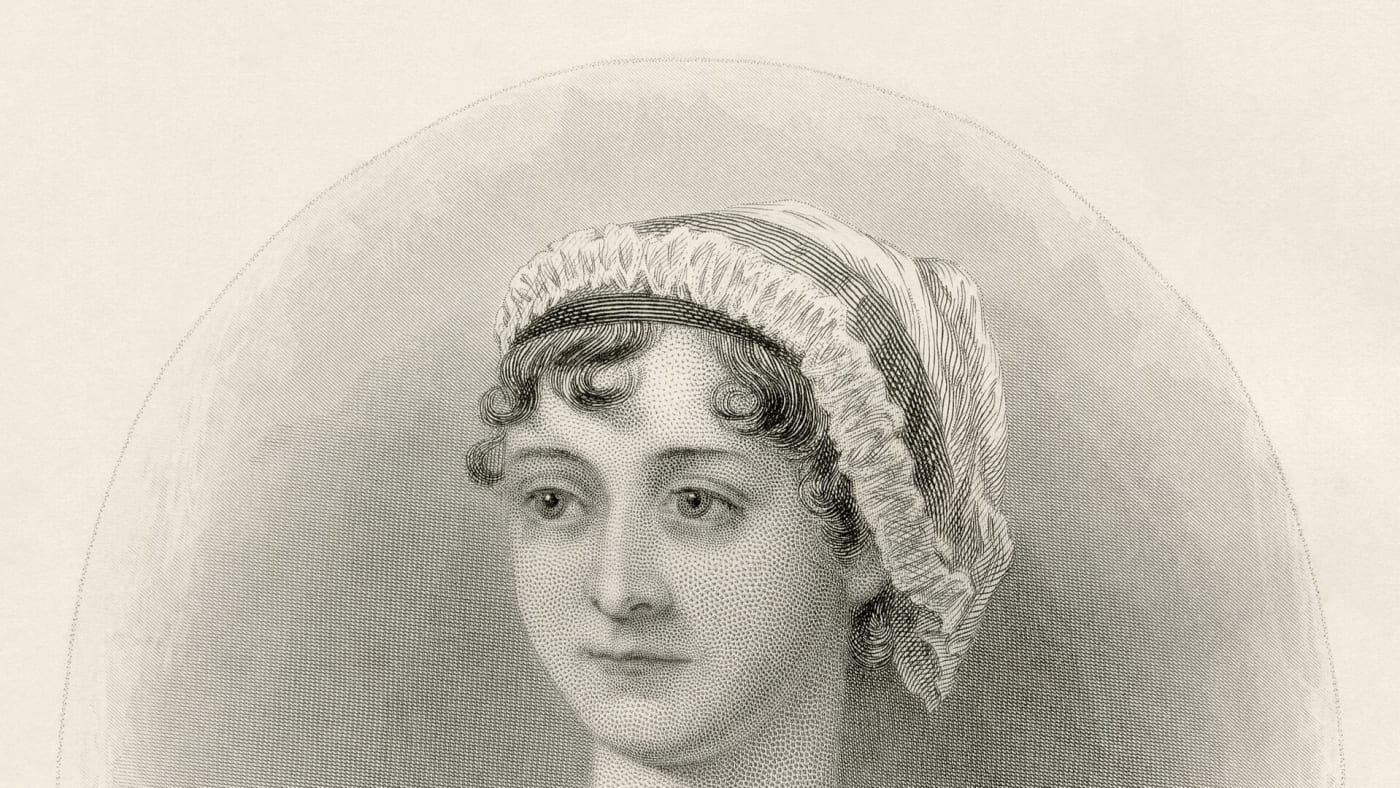 Retrato gravado de Jane Austen vestindo touca e vestido de época