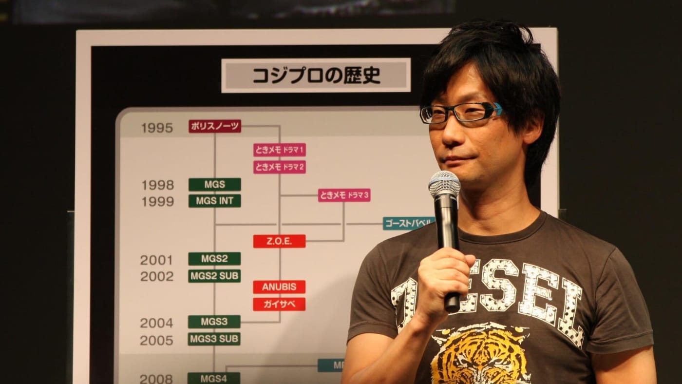 Hideo Kojima segurando um microfone em frente a um painel de apresentação
