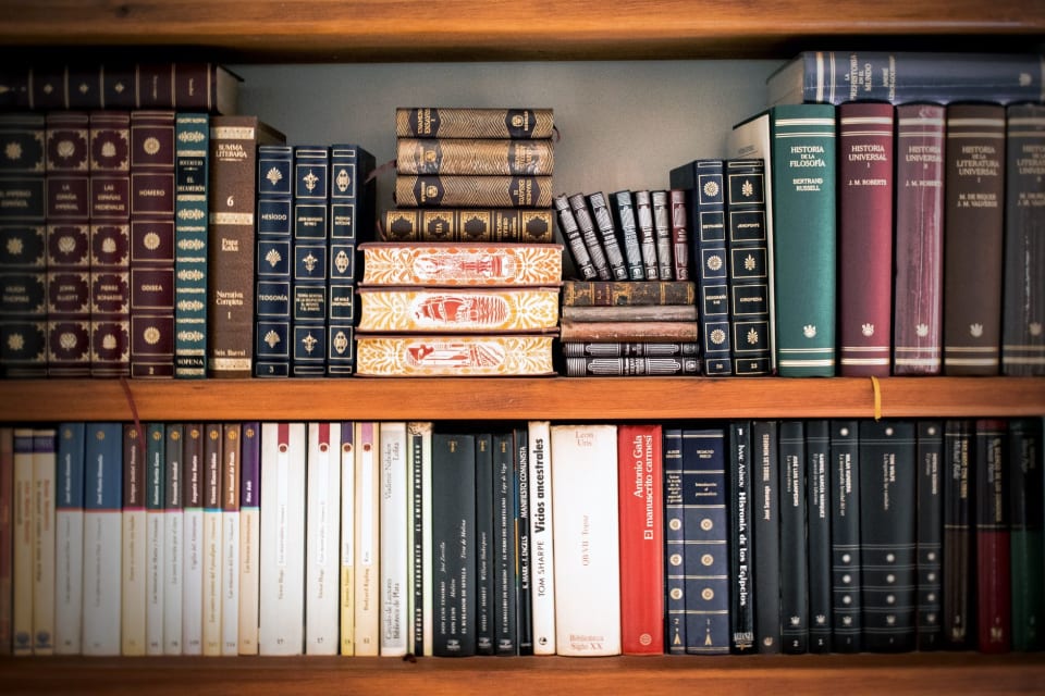 Estante comprida com fileiras de lombadas de livros de edições diferentes.