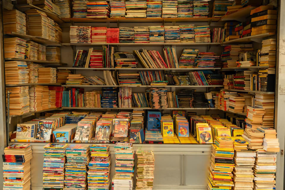 Estante de sebo com fileiras de livros de bolso e brochuras de lombadas variadas