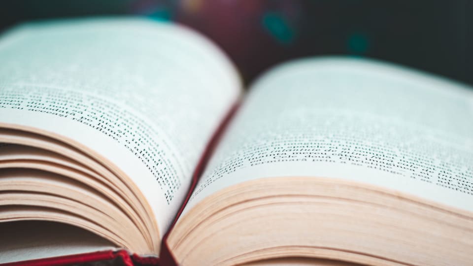 Livro aberto nas primeiras páginas sobre uma mesa, com um lápis ao lado.