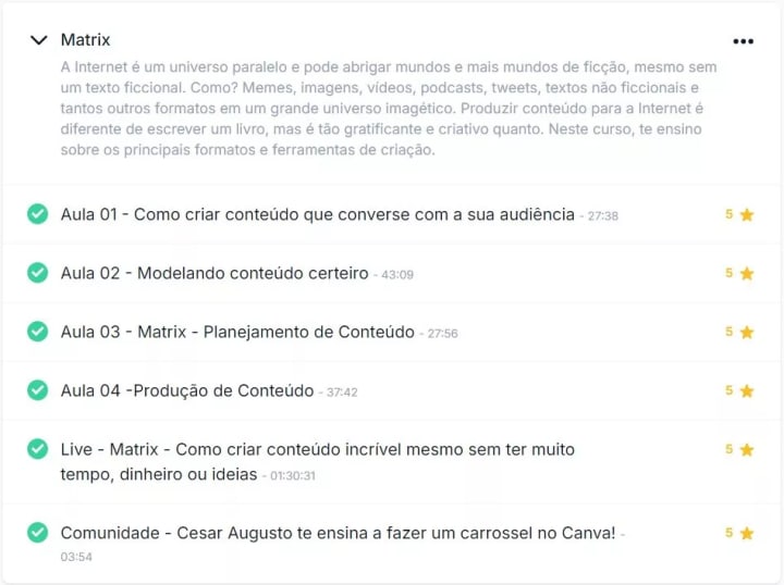 Módulo Matrix do Ficção em Pixels: todas as aulas avaliadas com 5 estrelas