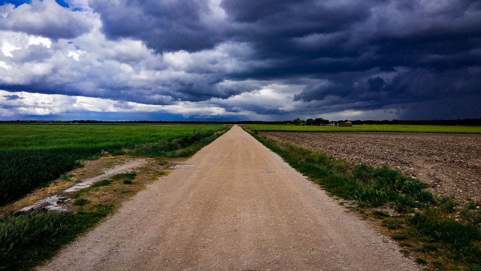 Estrada de terra reta atravessando campos abertos sob um céu amplo