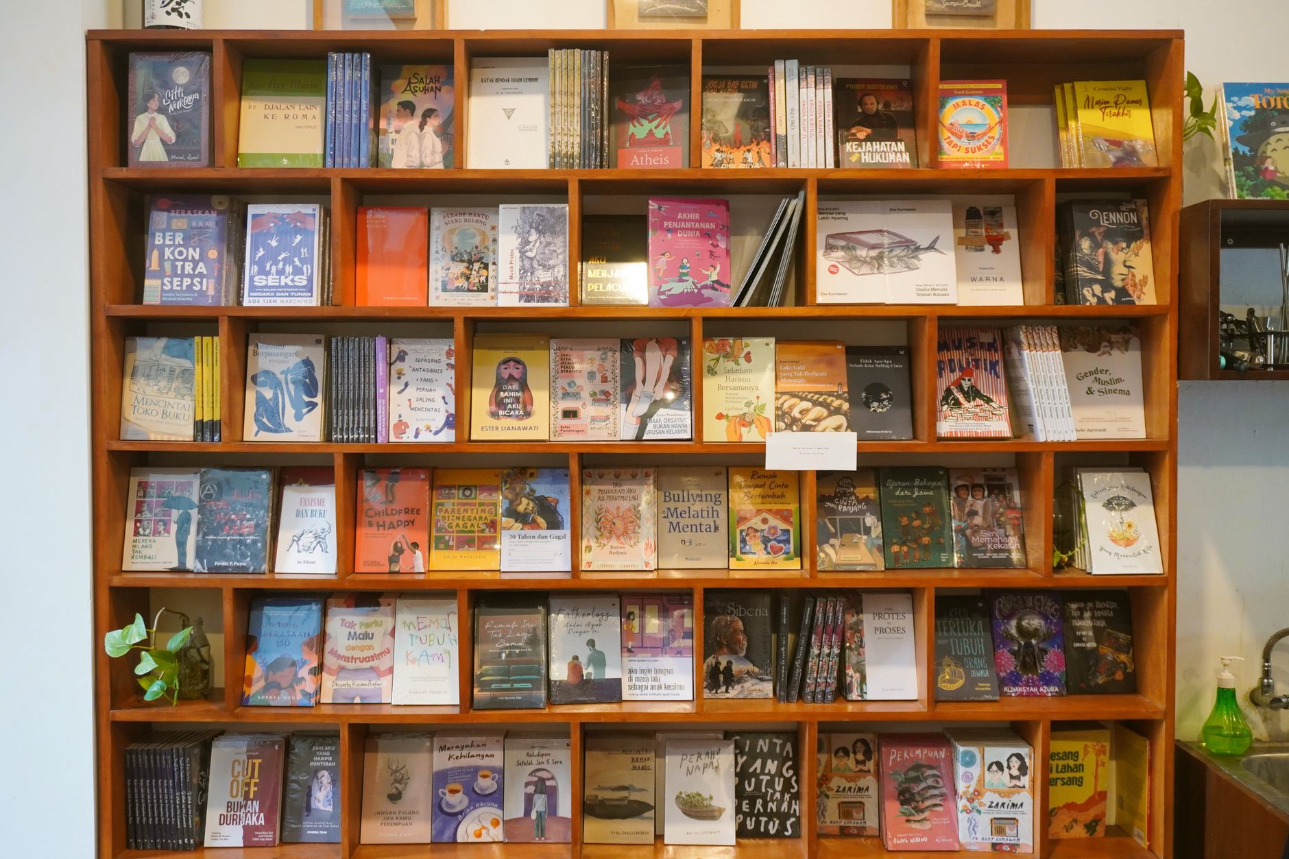 capas de livros expostas de frente numa estante