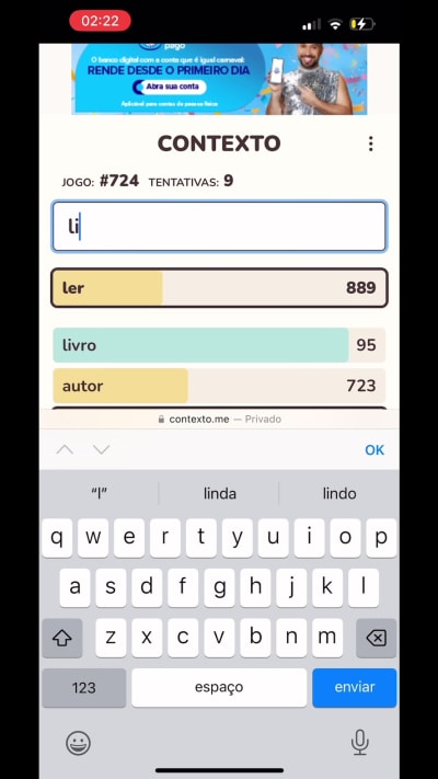 Jogo #724 combinou certinho 🥰 #contexto #contextome #jogocontexto #jogodepalavras #palavras #adivinhação #jogosdecelular #booktok…