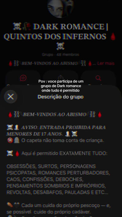Se vocé é maior de 17 anos , Gosta do mundo do dark romance e deseja conversar sobre o seu lado mas sombrio me chama no Pv para entrar no…