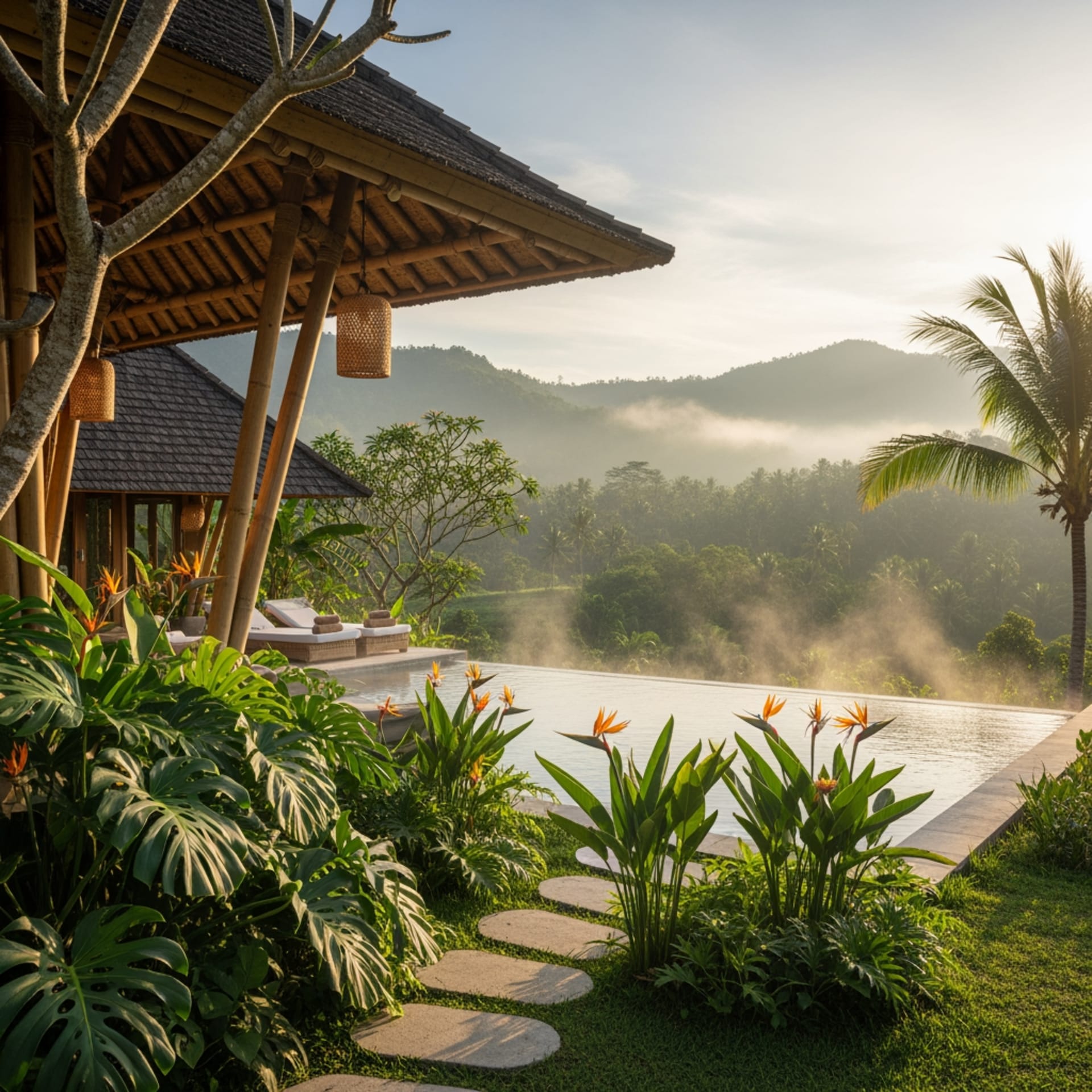 Luxury wellness infinity pool overlooking tropical valley